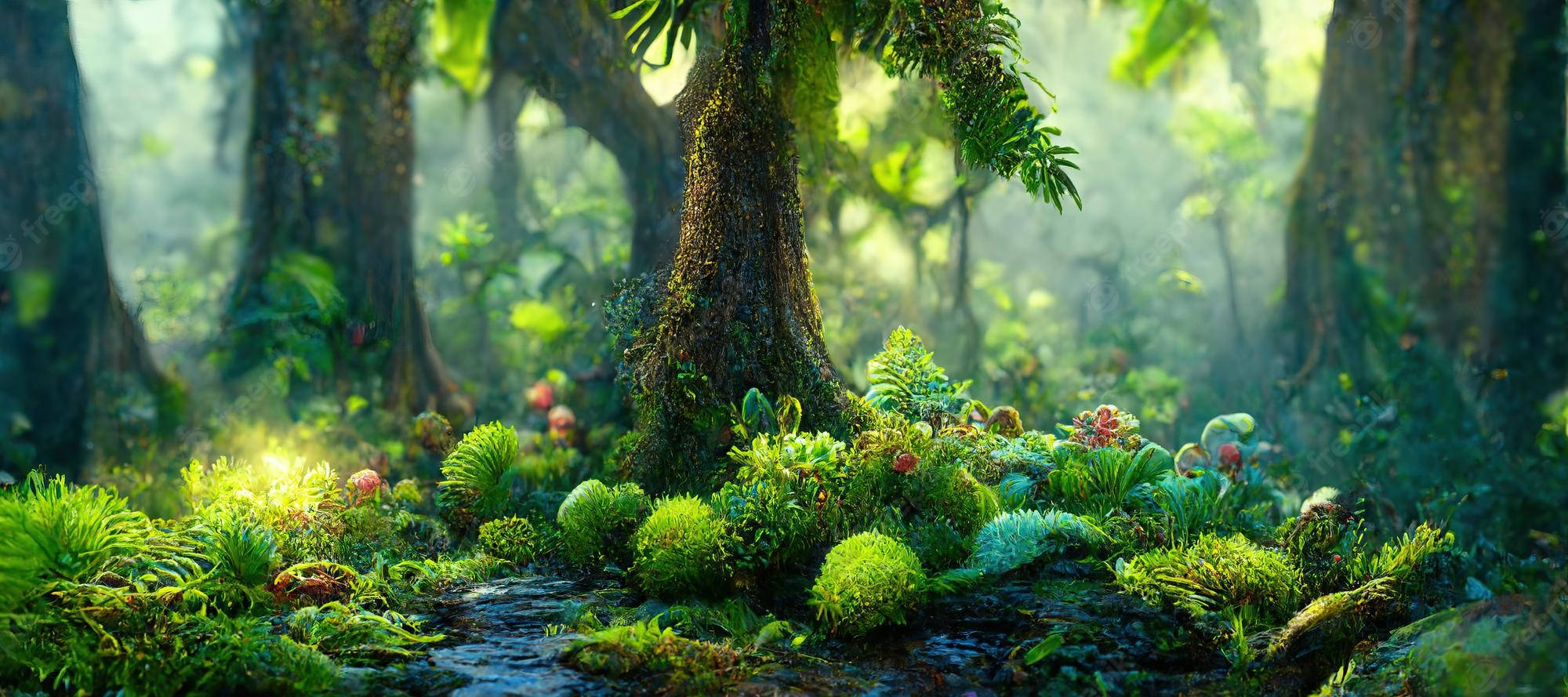 mystical forest, ancient mossy trees, vibrant jungle floor, Full HD Desktop Wallpaper