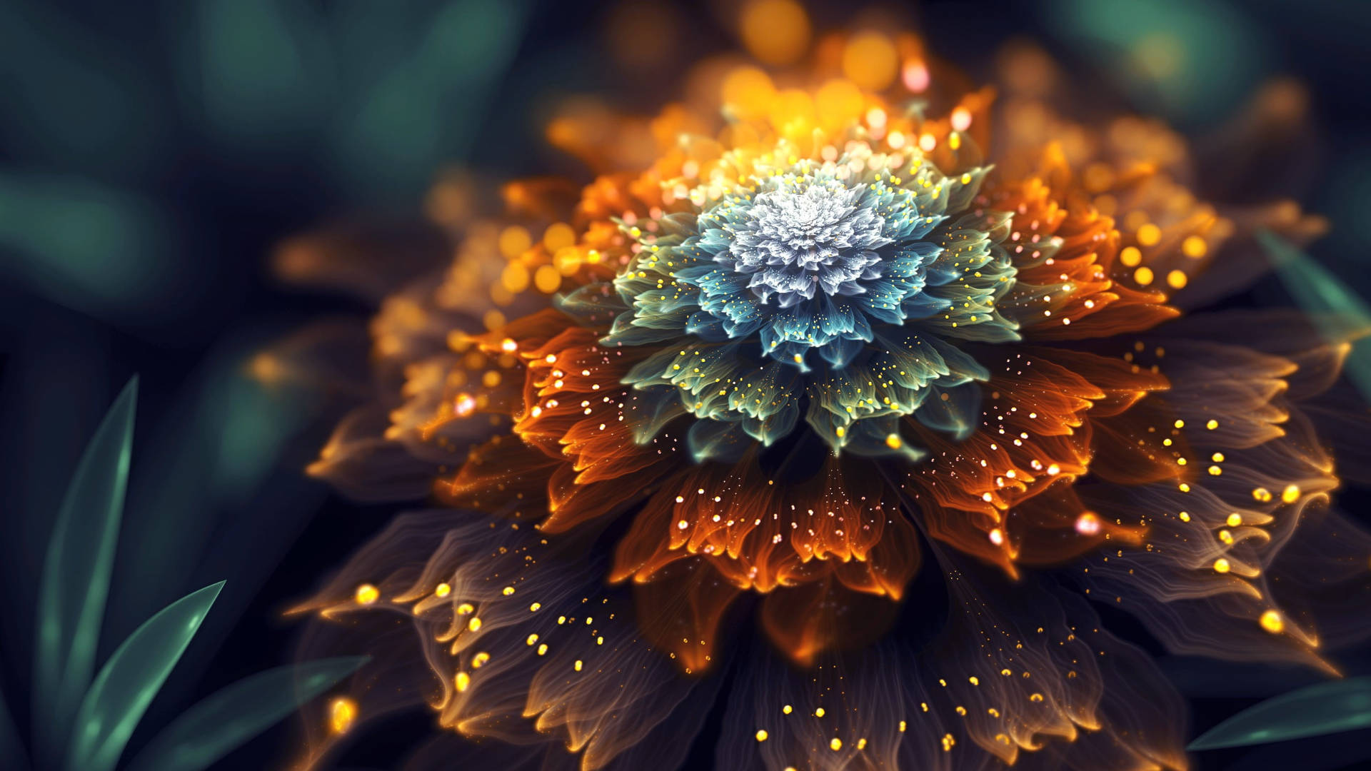 glowing orange flower, crystalline blue center, dark blurred background, Full HD Desktop Wallpaper