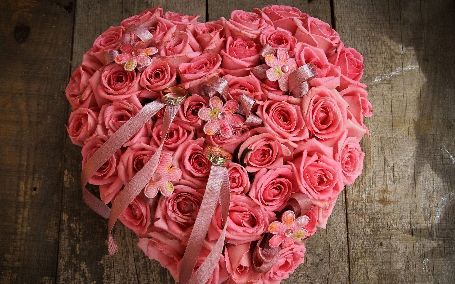pink flower heart, roses, ribbons, Full HD Desktop Wallpaper