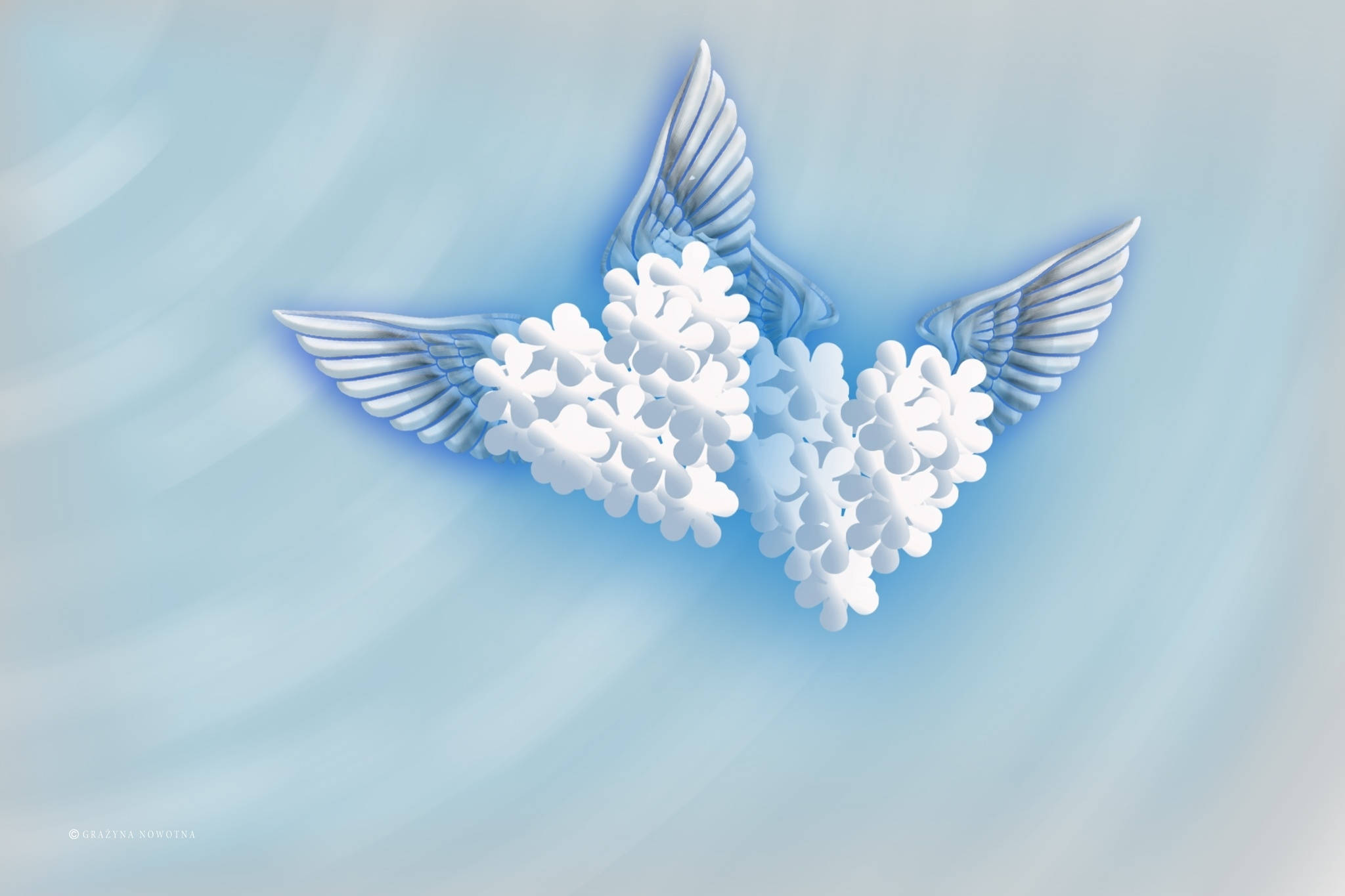 Flower Hearts With Wings, white bird, feathered wings, Full HD Desktop Wallpaper