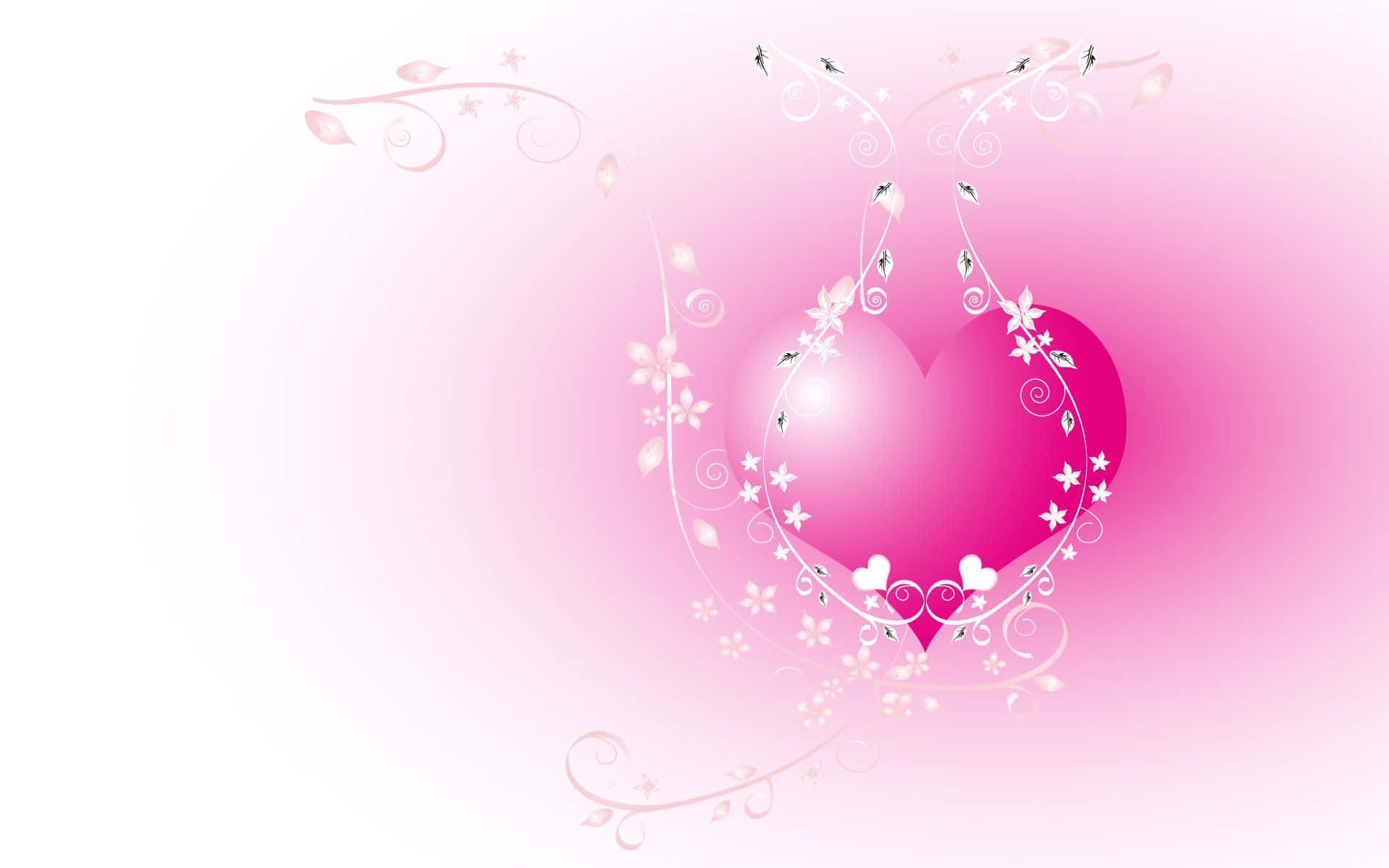 pink heart, white floral swirls, tiny stars, Full HD Desktop Wallpaper