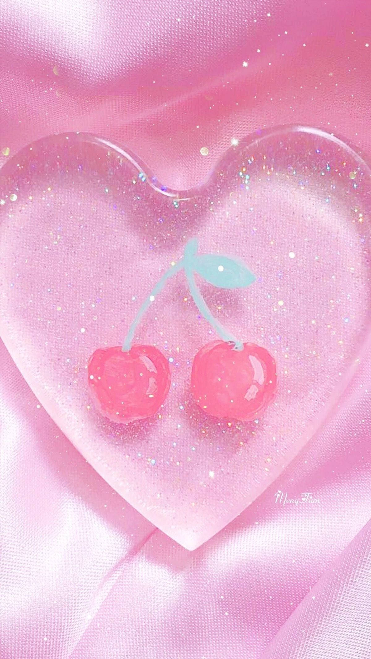 glittery transparent heart, glossy pink cherries, light blue stem, Full HD Phone Wallpaper
