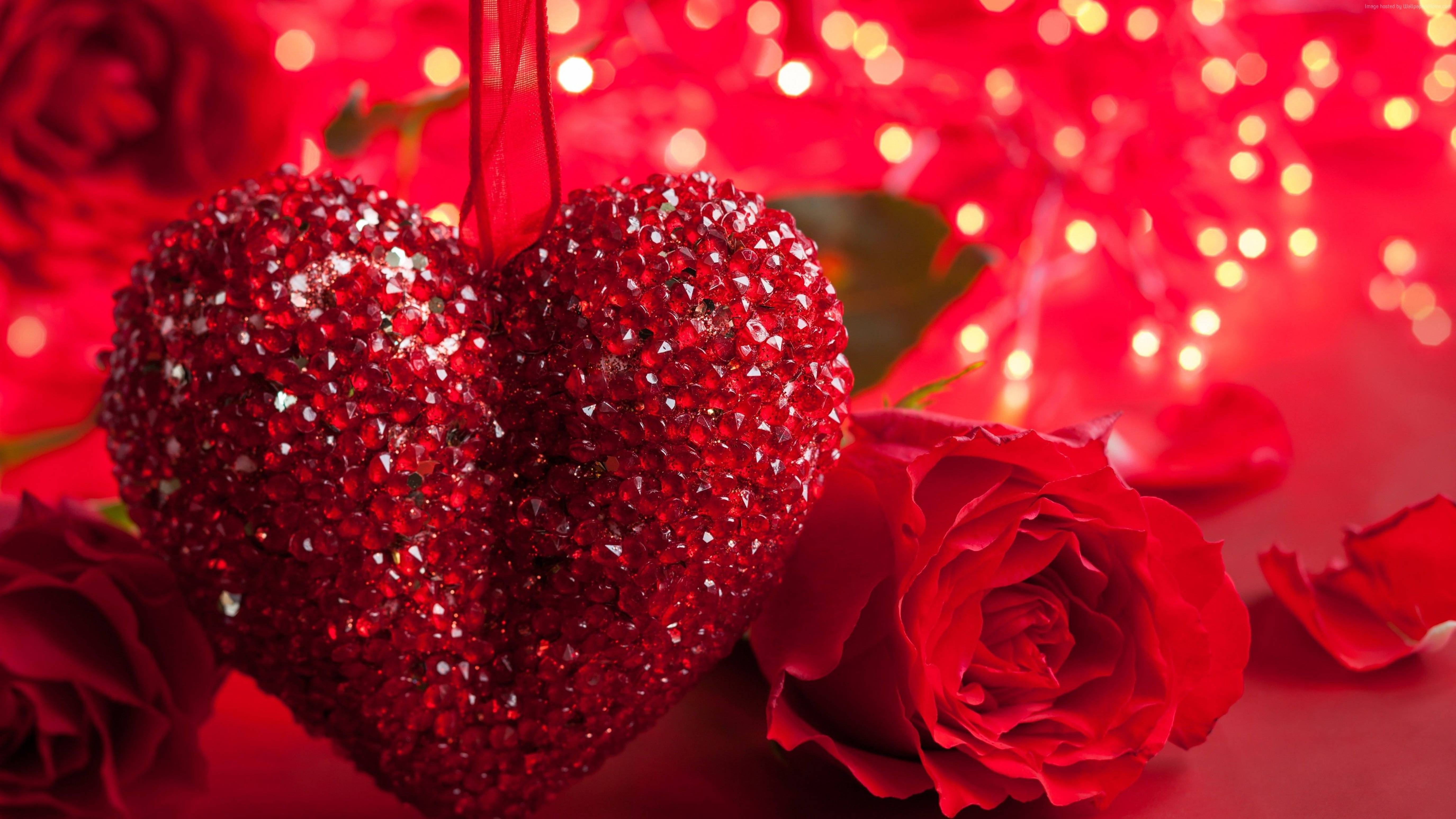 4K, red heart ornament, deep red roses, 5K Desktop Wallpaper