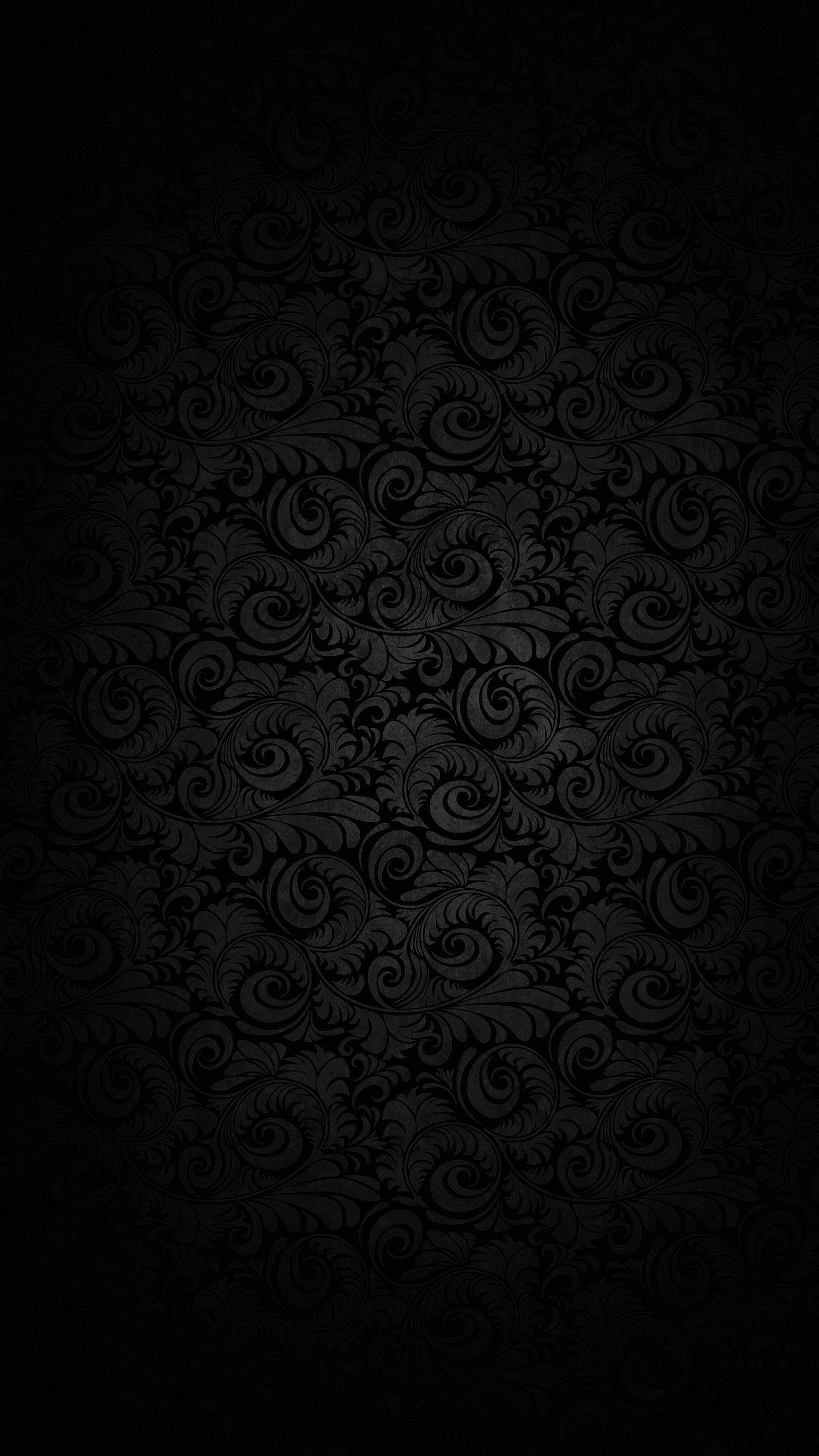 black, damask pattern, swirling floral motifs, 4K Phone Wallpaper