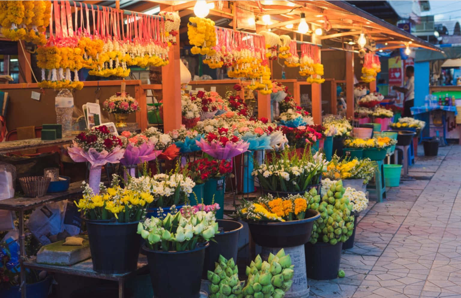 Flower Market, night market, hanging garlands, HD Desktop Wallpaper