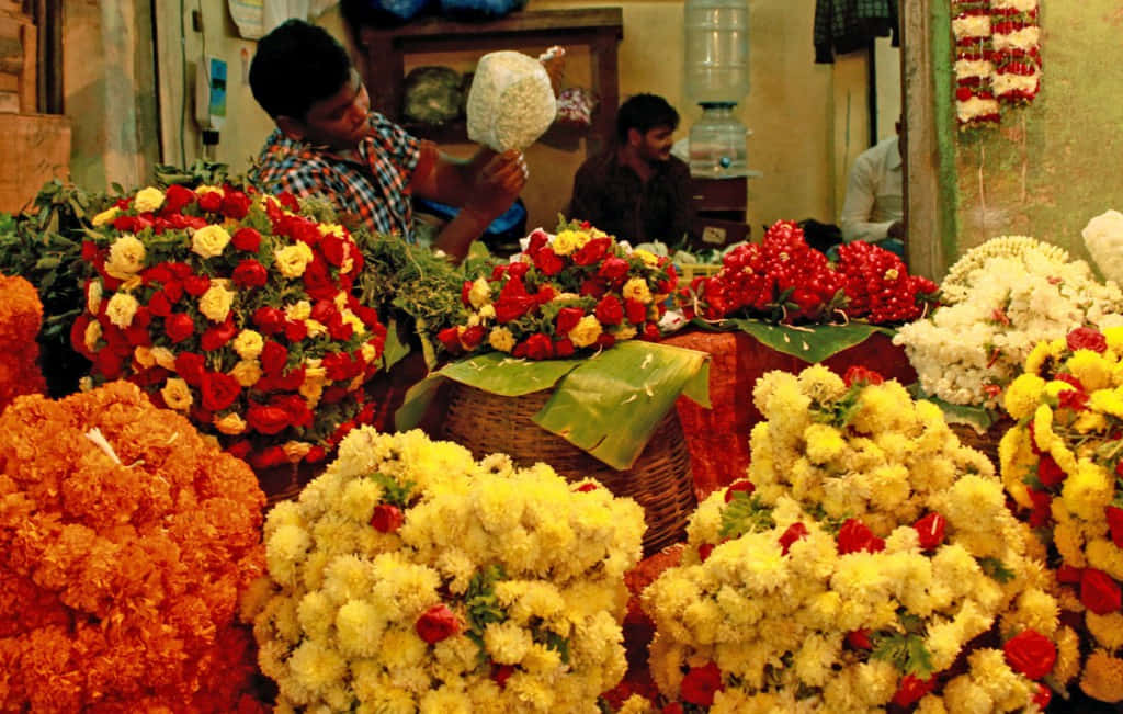 Flower Market, red flowers, yellow flowers, SD Desktop Wallpaper