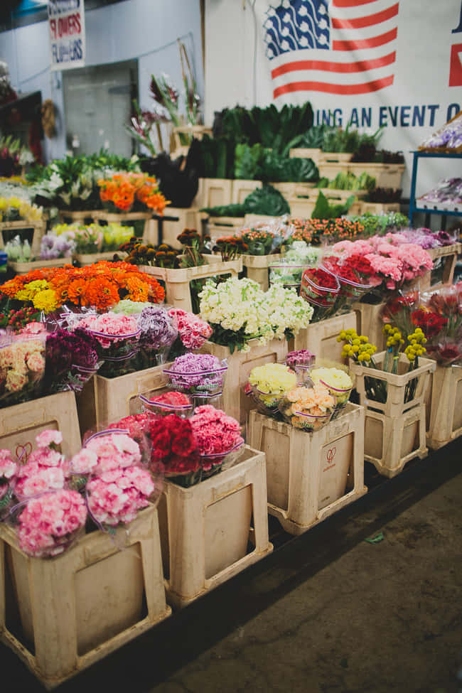 flower market, vibrant flower bouquets, wooden crates, SD Phone Wallpaper