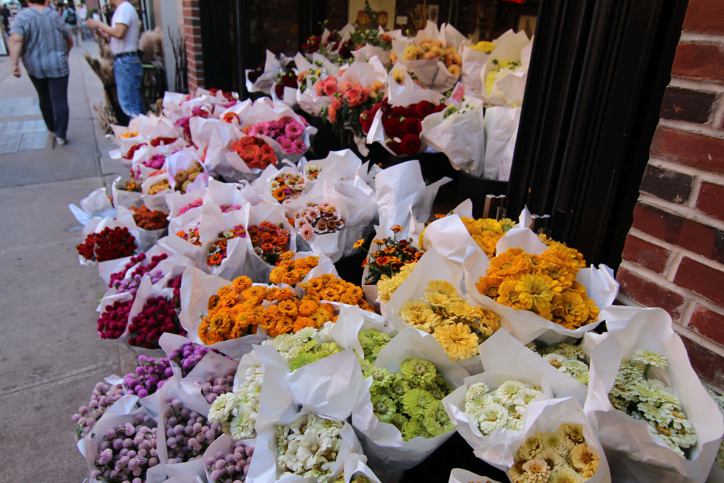 flower market, bouquets of colorful flowers, white paper, Full HD Desktop Wallpaper