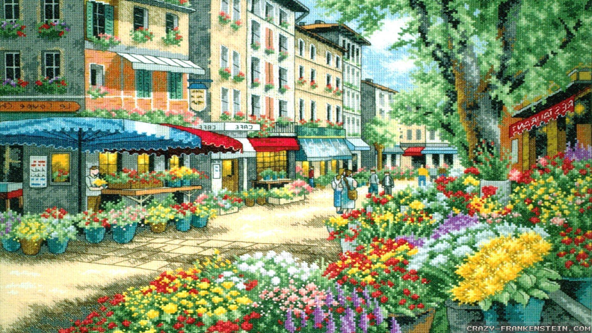 Flower Market, European street market, colorful flowers, Full HD Desktop Wallpaper