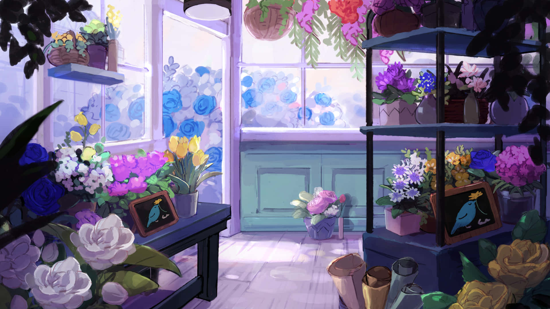 flower shop, vibrant floral shop, soft purple light, Full HD Desktop Wallpaper