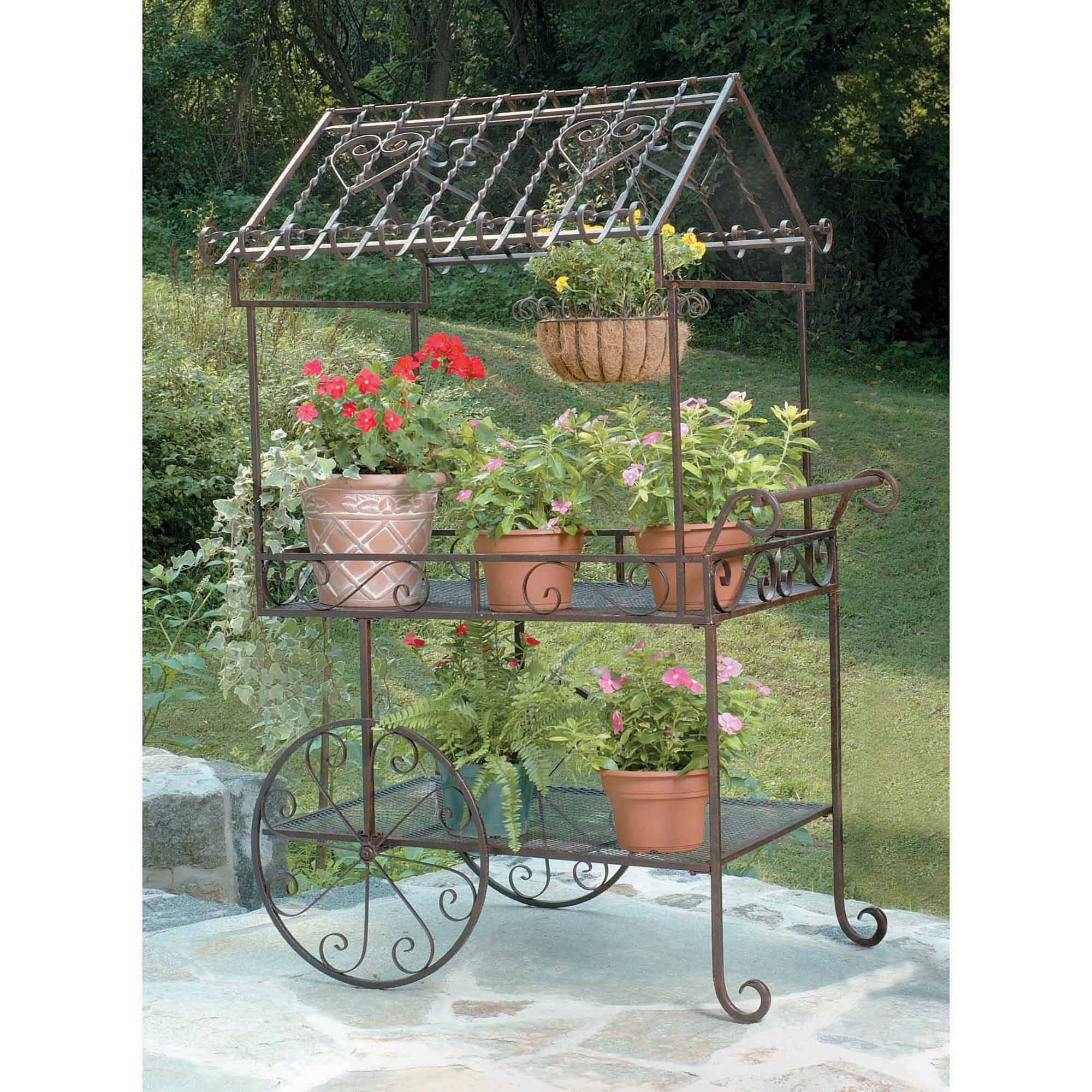 flower cart, wrought iron garden cart, three tiers, Full HD Desktop Wallpaper
