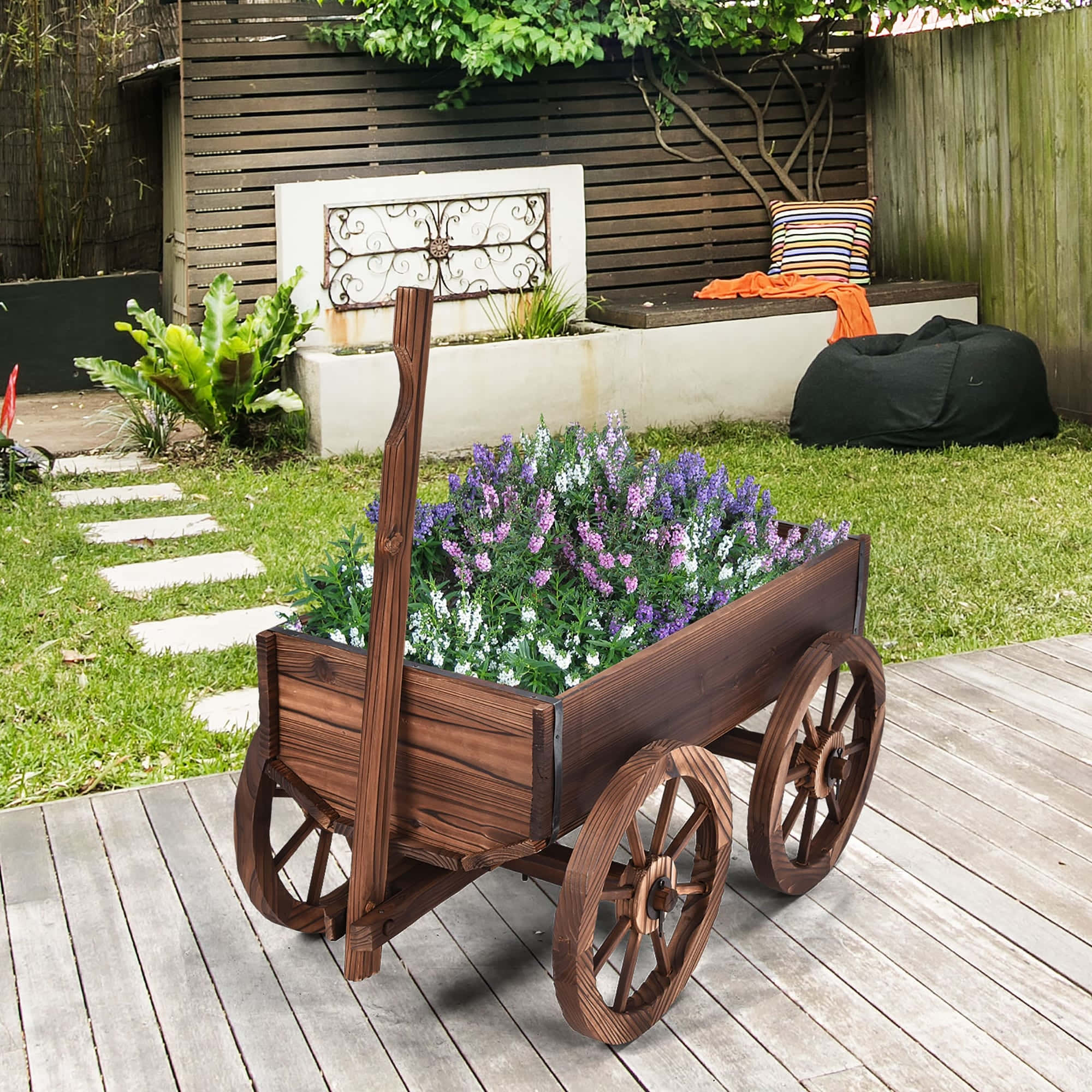 flower cart 2000, rustic wooden wagon planter, purple and white flowers, Full HD Desktop Wallpaper