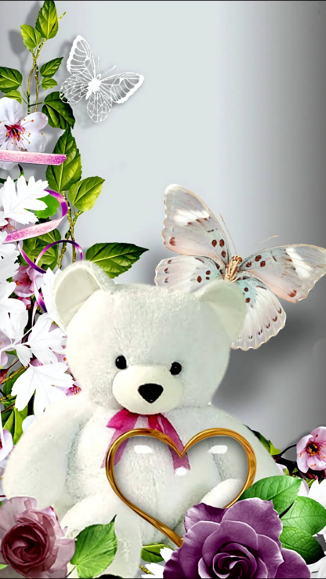 teddy bear, butterfly, golden heart frame, Full HD Phone Wallpaper
