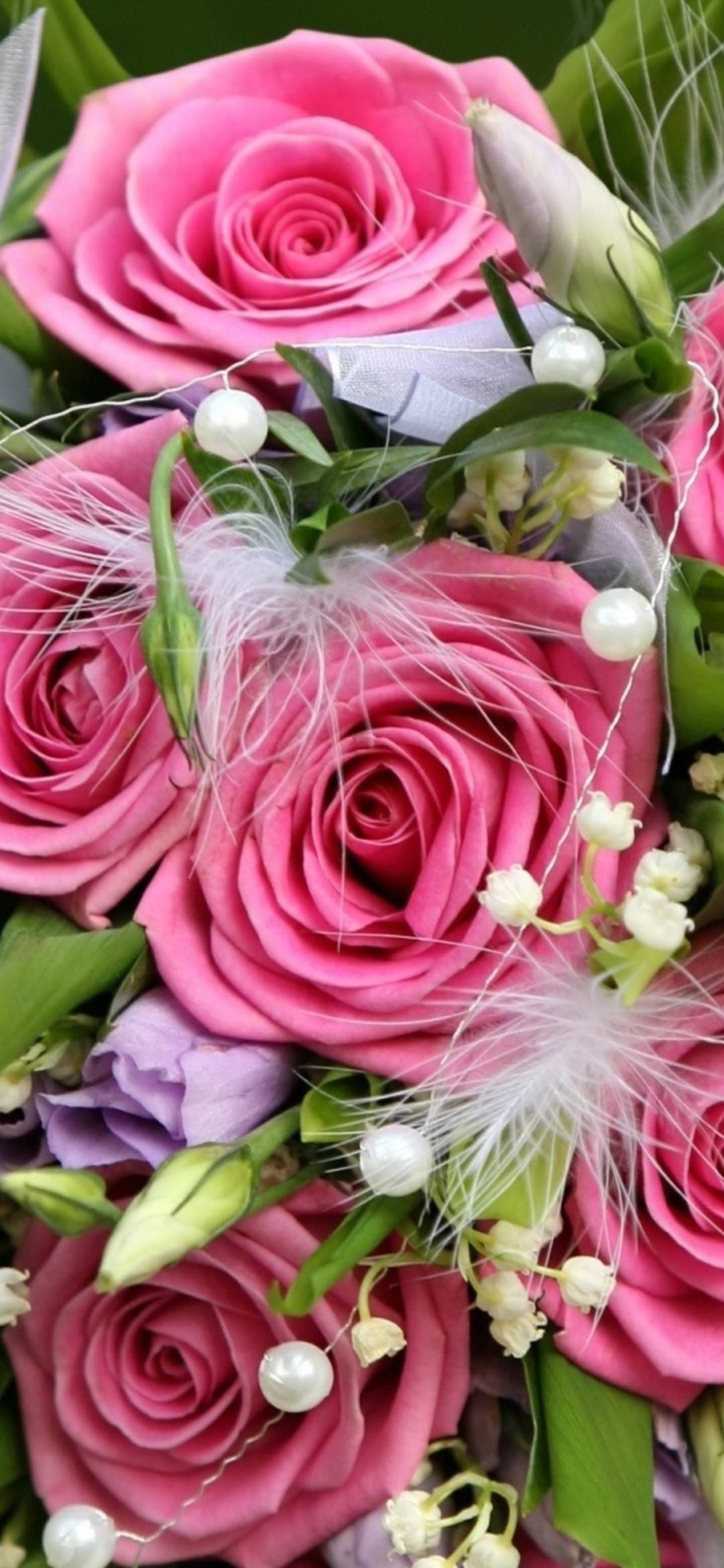 pink roses, white pearls, fluffy feathers, Full HD Phone Wallpaper