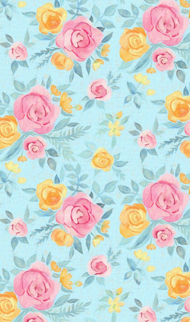 orange floral, pink and orange floral, blue background, SD Phone Wallpaper