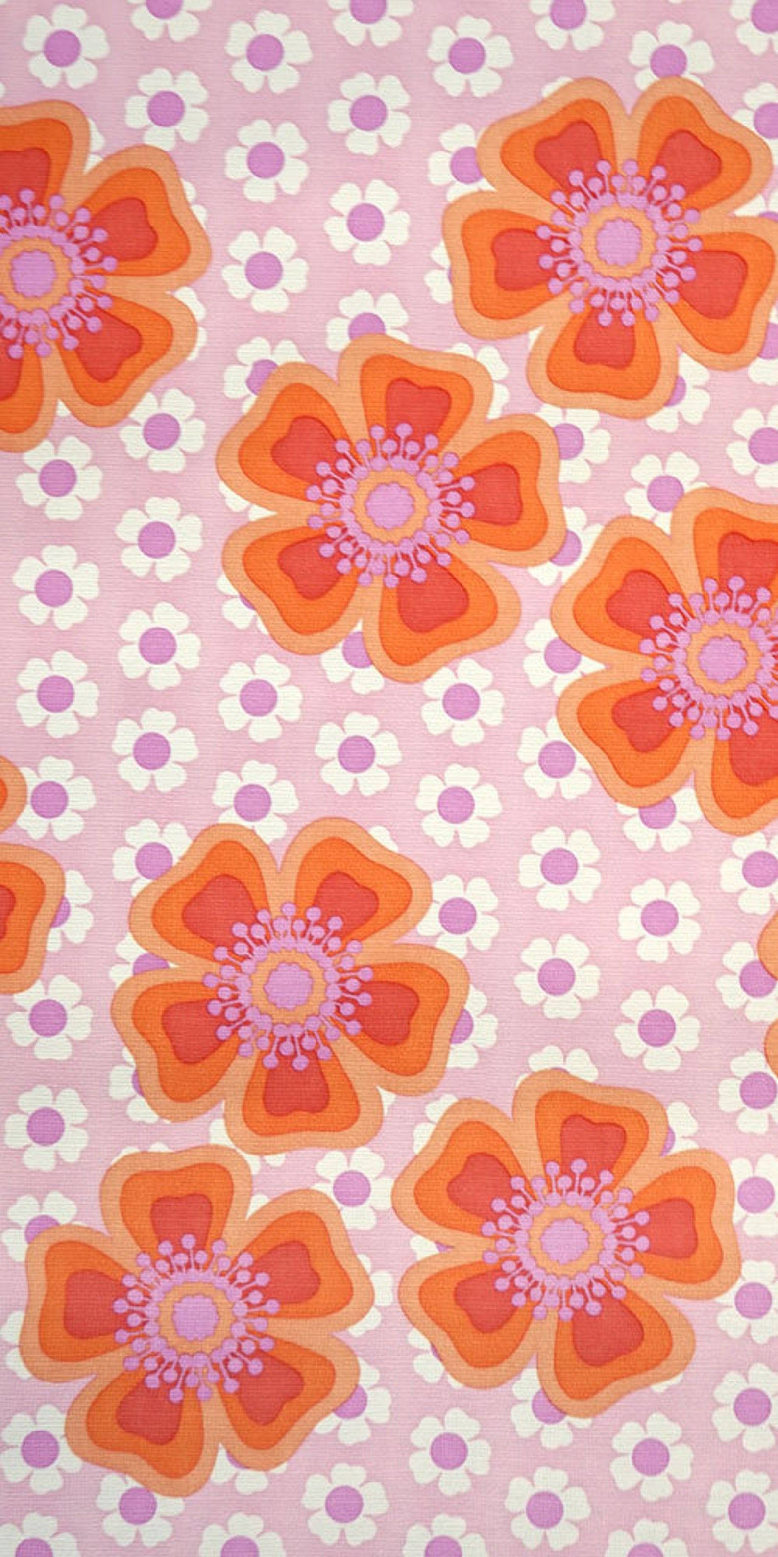 orange floral, retro floral pattern, bold orange, 2K Phone Wallpaper