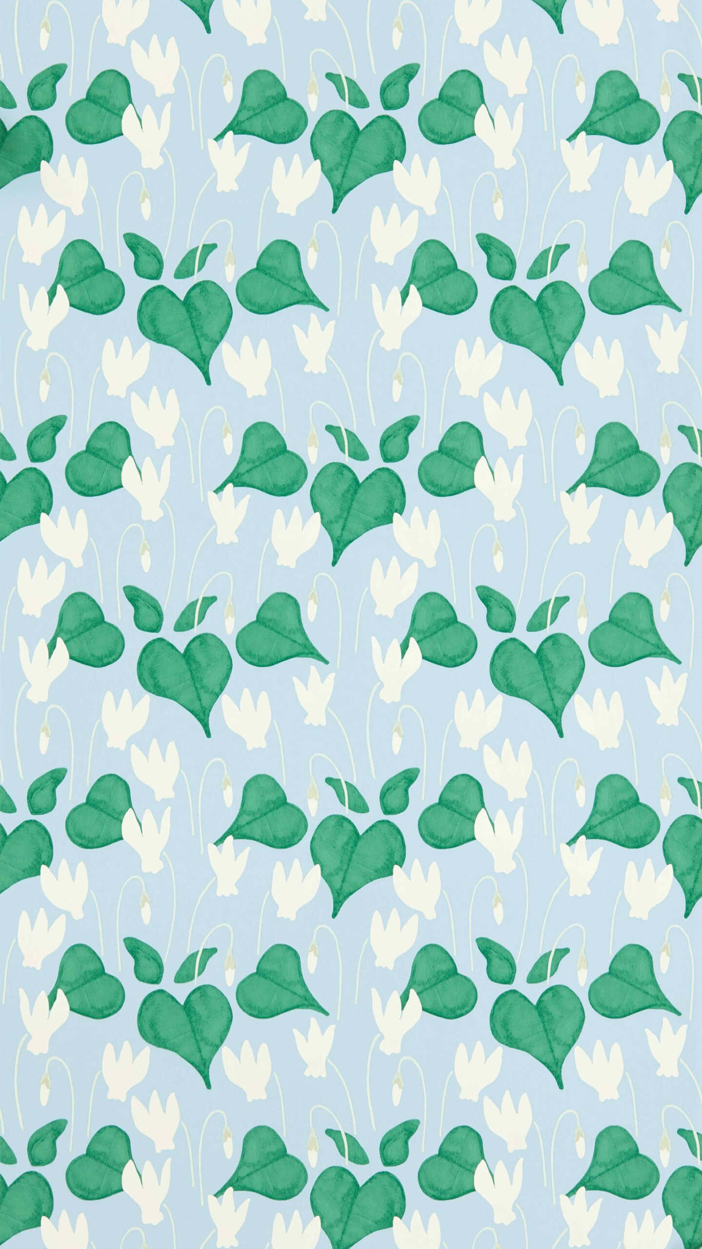 floral pattern background, green heart-shaped leaves, white bell-like flowers, 2K Phone Wallpaper