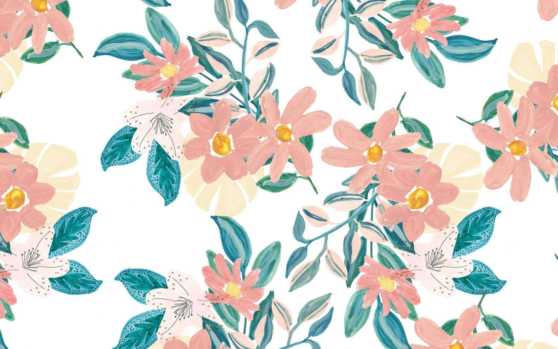 pastel floral pattern, pink peach blossoms, teal leaves, HD Desktop Wallpaper