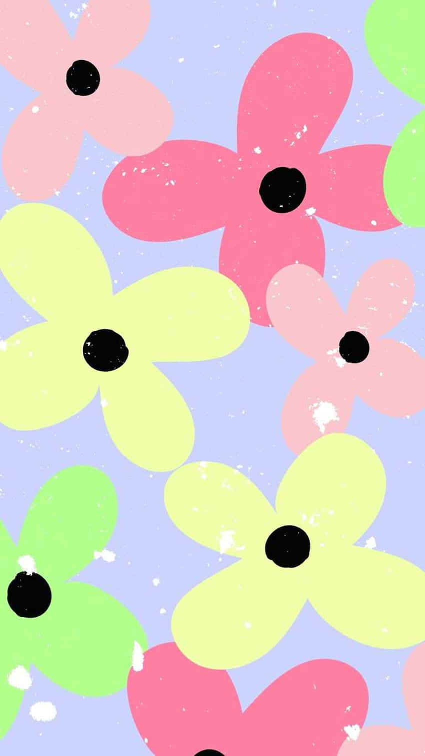 preppy spring floral pattern, pastel-colored stylized flowers, black centers, HD Phone Wallpaper