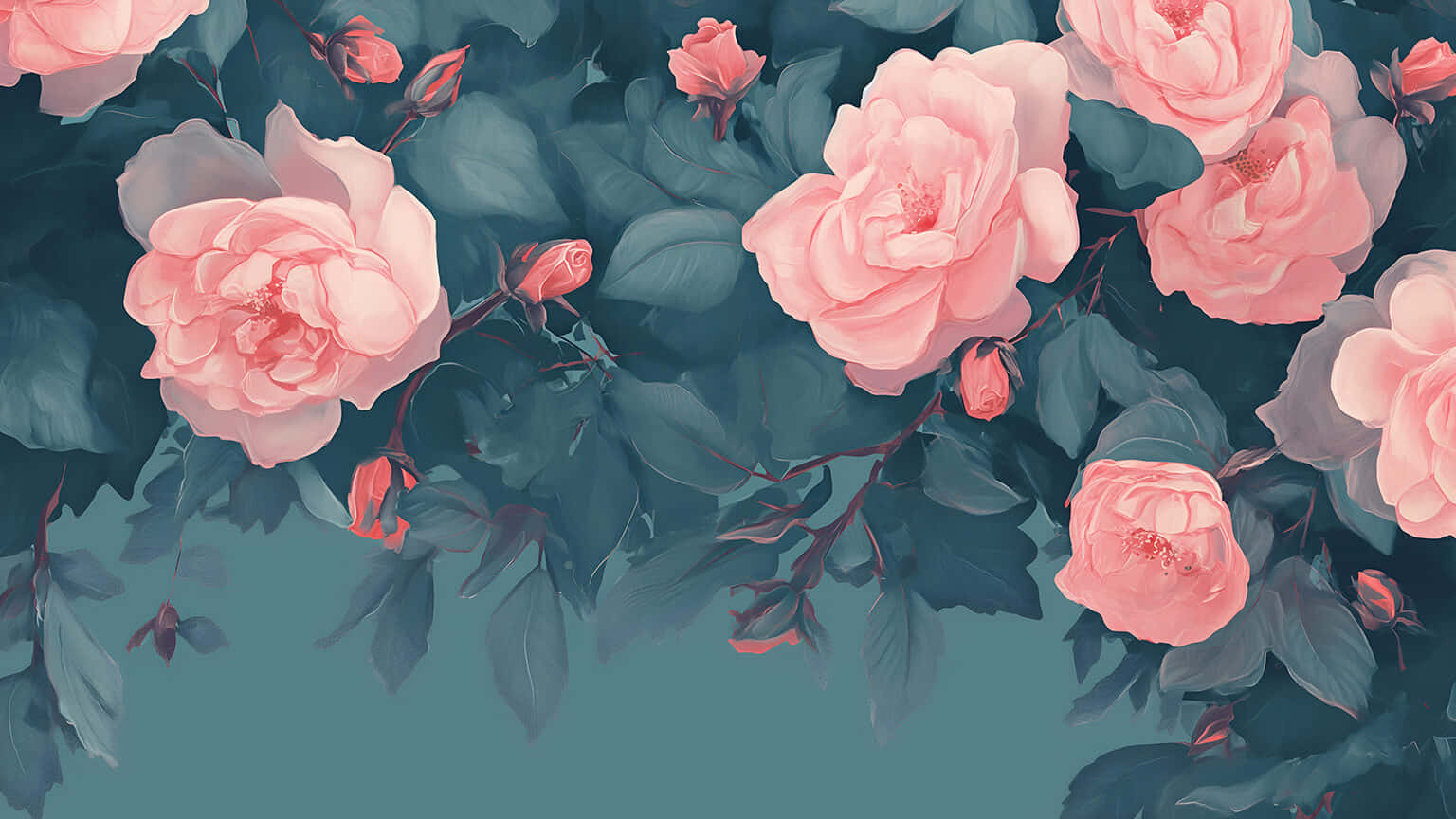 preppy spring rose pattern, soft pink roses, deep teal leaves, HD Desktop Wallpaper