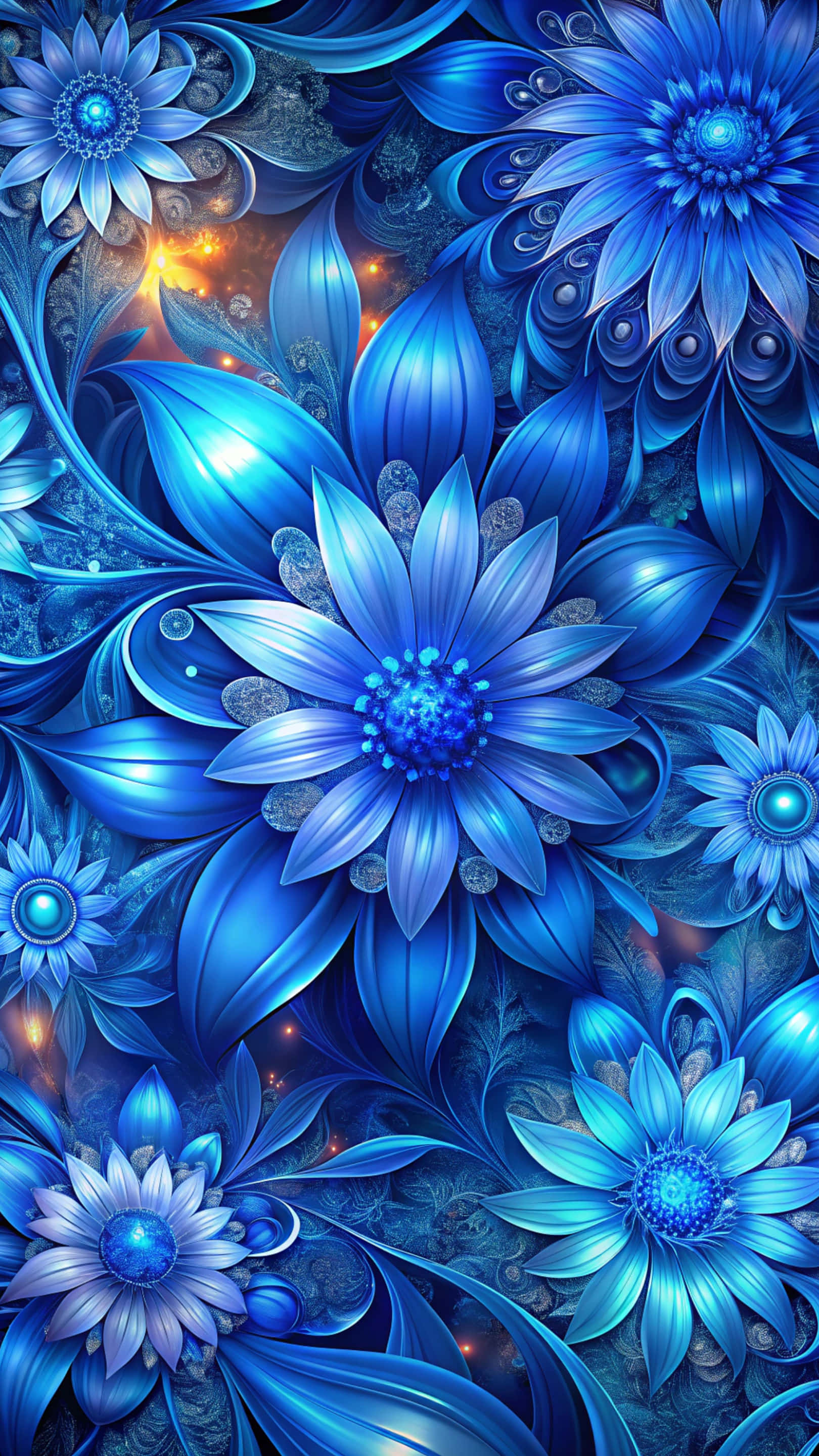 Flower Pattern, vibrant blue, glowing centers, 2K Phone Wallpaper