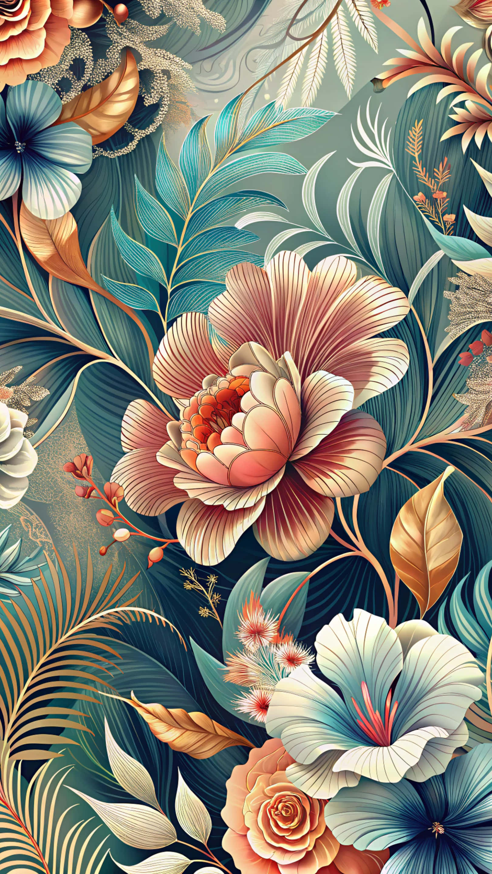 Flower Pattern, coral teal, gold, 2K Phone Wallpaper