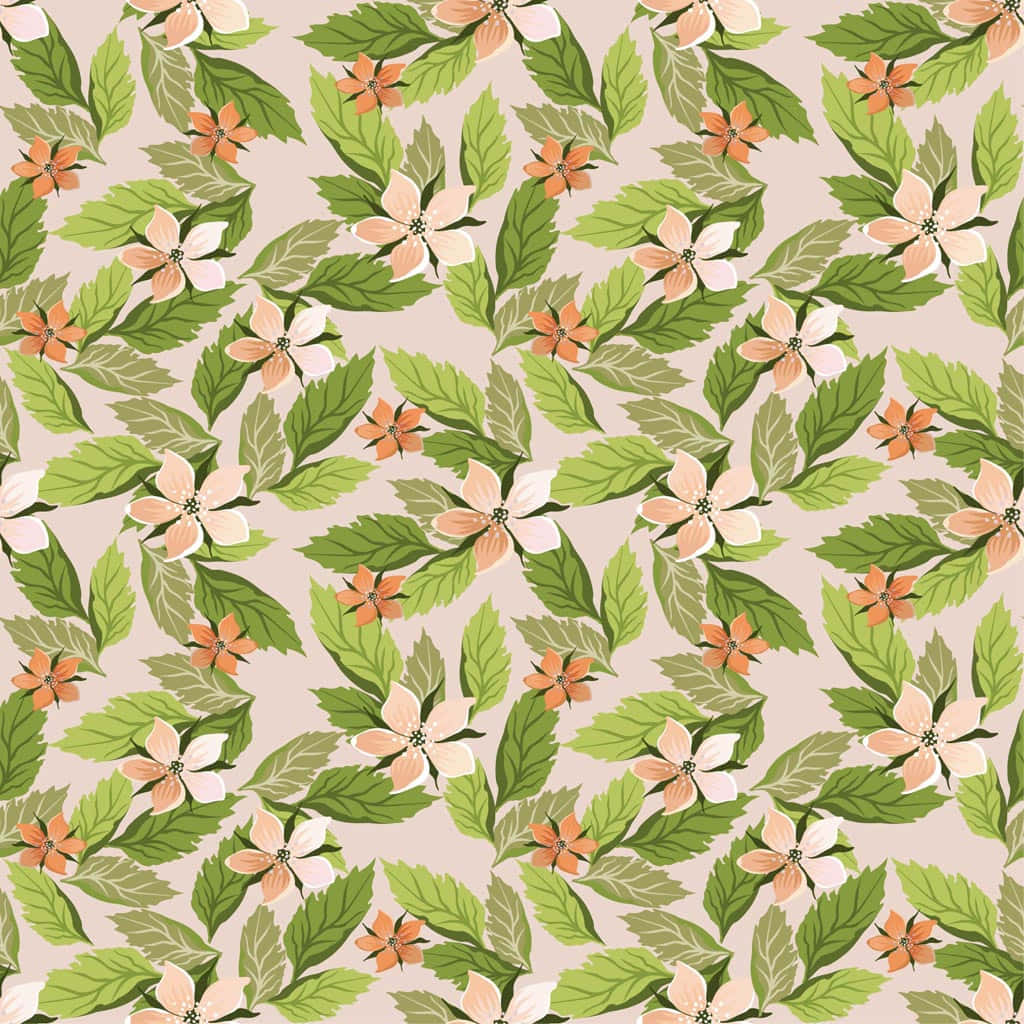floral wallpaper, stylized green leaves, peach white flowers, SD Desktop Wallpaper