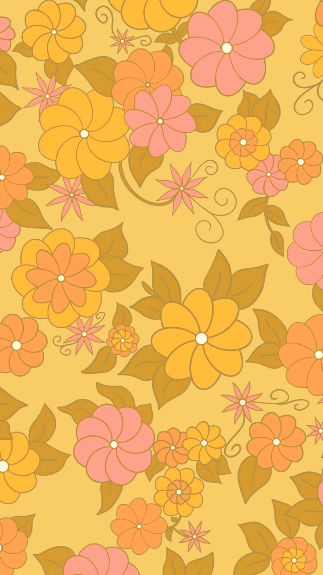 floral brown yellow phone, vibrant retro floral pattern, orange pink and yellow blossoms, Full HD Phone Wallpaper