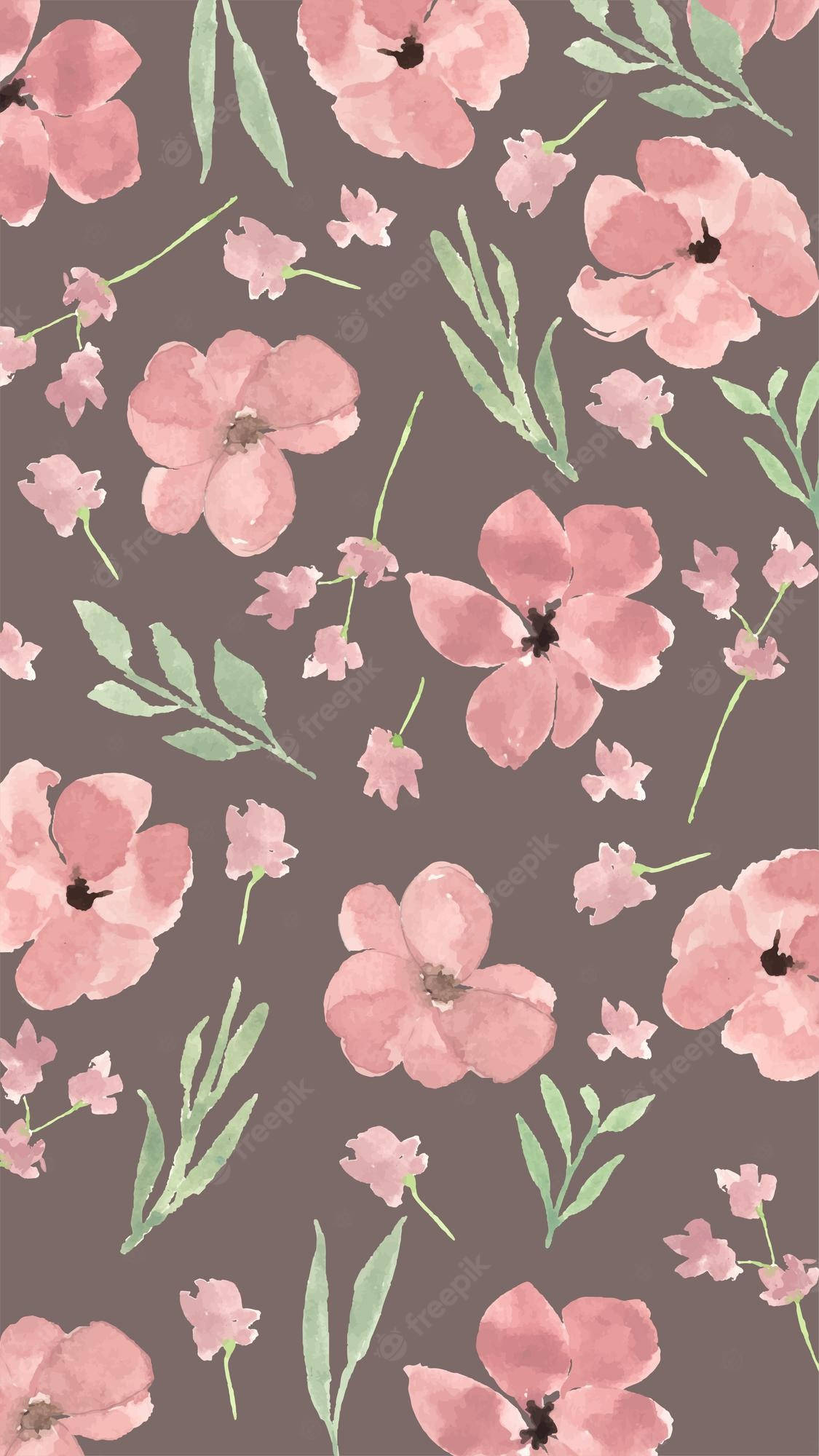 floral brown green phone, soft pink watercolor flowers, green leaves, Full HD Phone Wallpaper