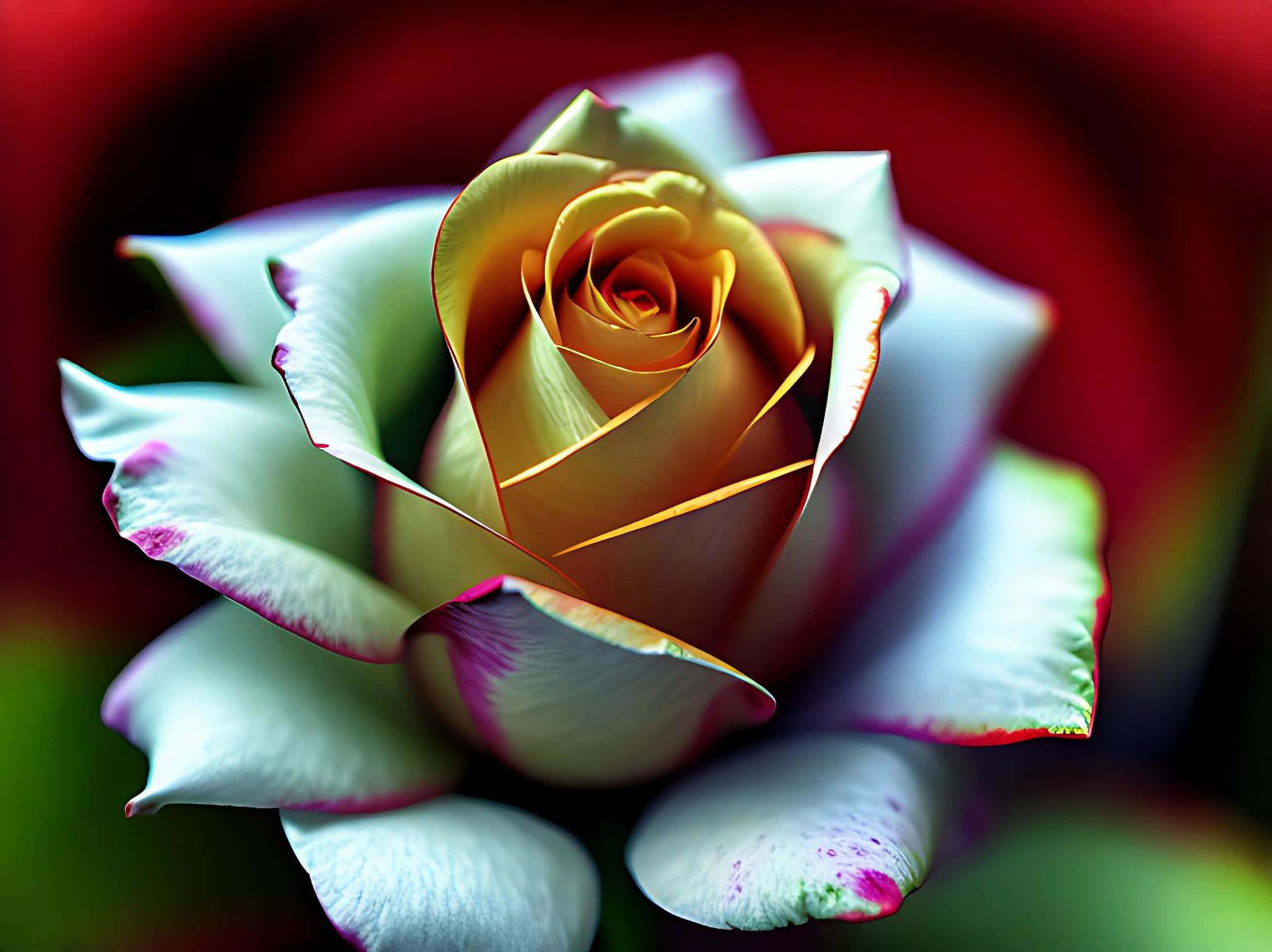 white rose, golden-yellow center, magenta-tipped petals, 2K Desktop Wallpaper