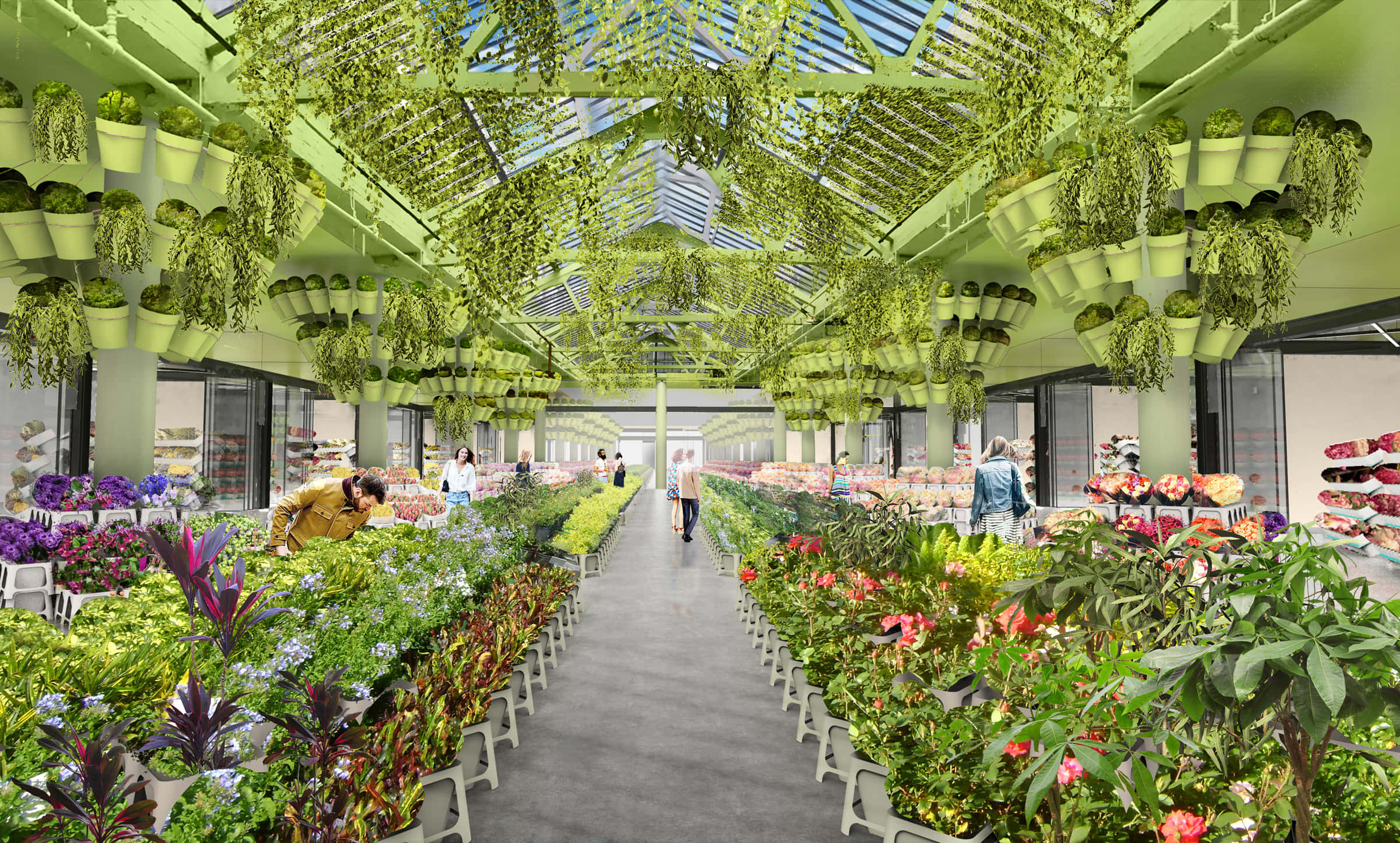 flower stalls, indoor market, glass roof, Full HD Desktop Wallpaper
