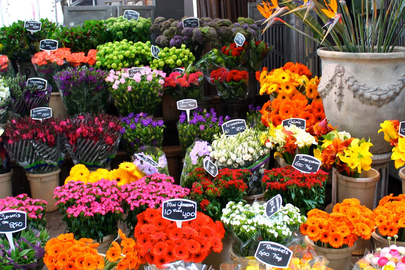 flower market, bouquets of colorful flowers, pots, HD Desktop Wallpaper