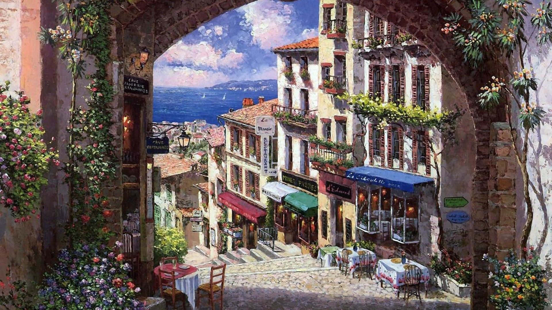 flower shop, European village street, stone archway, Full HD Desktop Wallpaper
