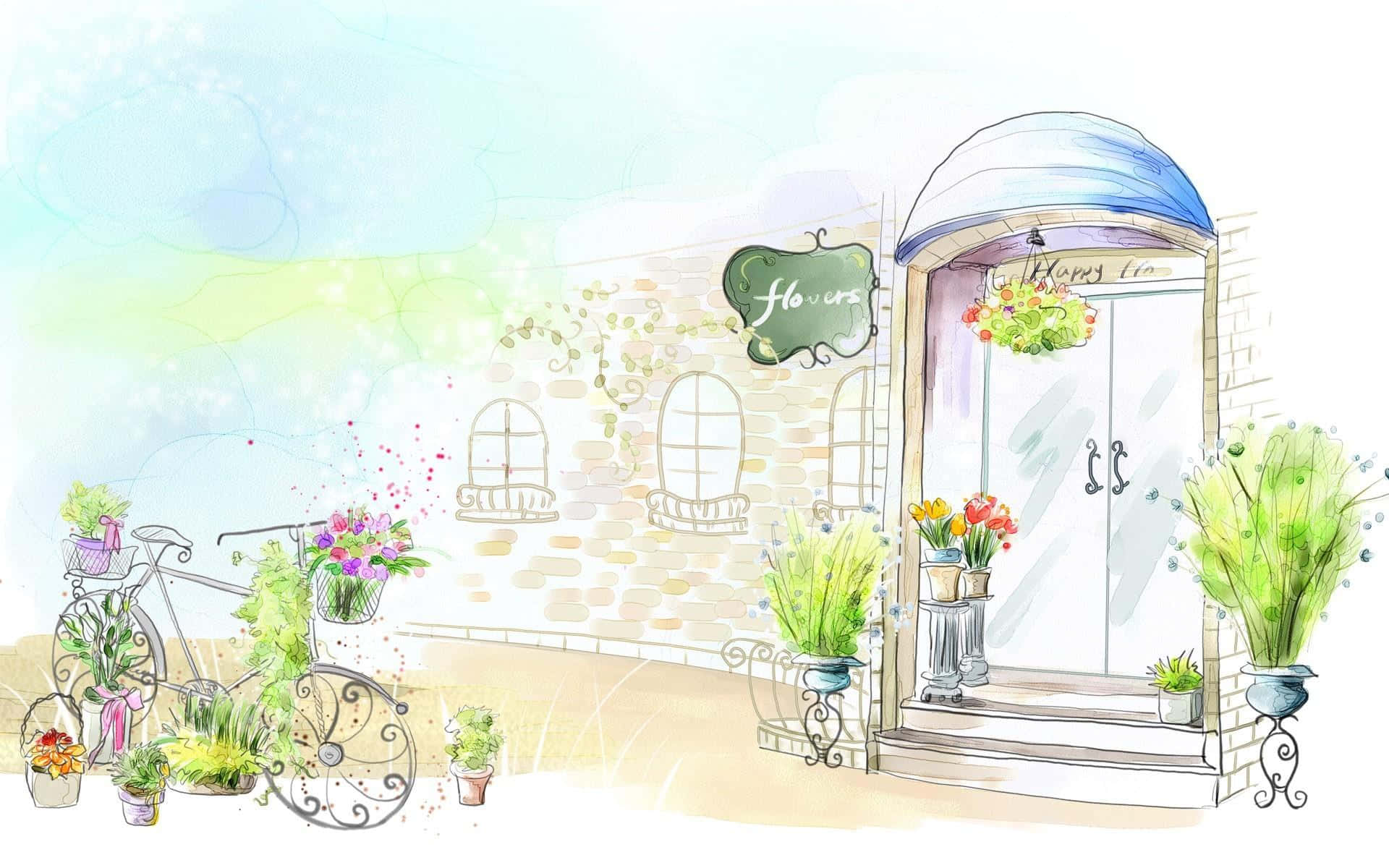 flower shop, watercolor illustration, bicycle adorned with blooms, Full HD Desktop Wallpaper