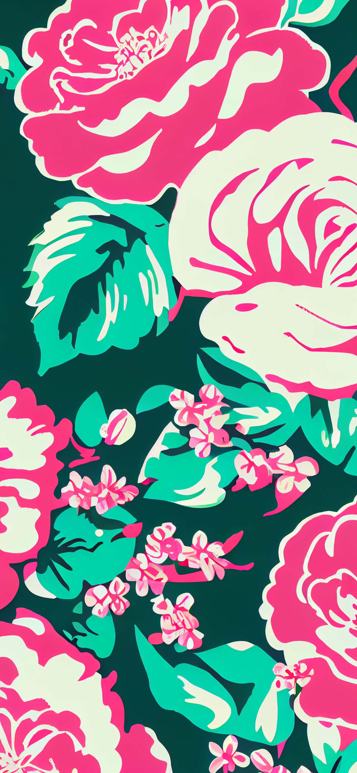 vibrant preppy floral pattern, pink, teal, 2K Phone Wallpaper