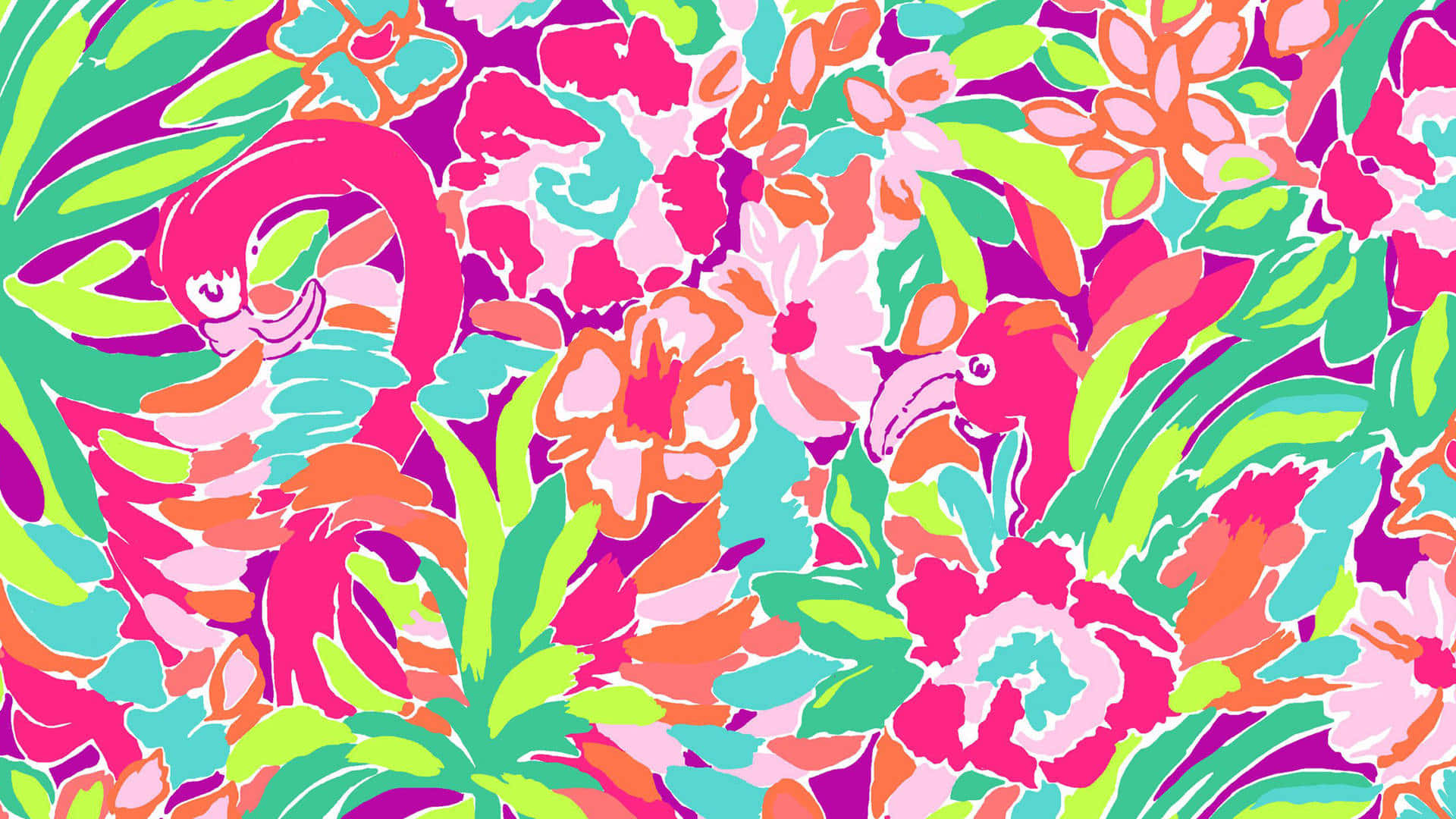 vibrant preppy floral pattern, pink flamingos, neon greens, Full HD Desktop Wallpaper