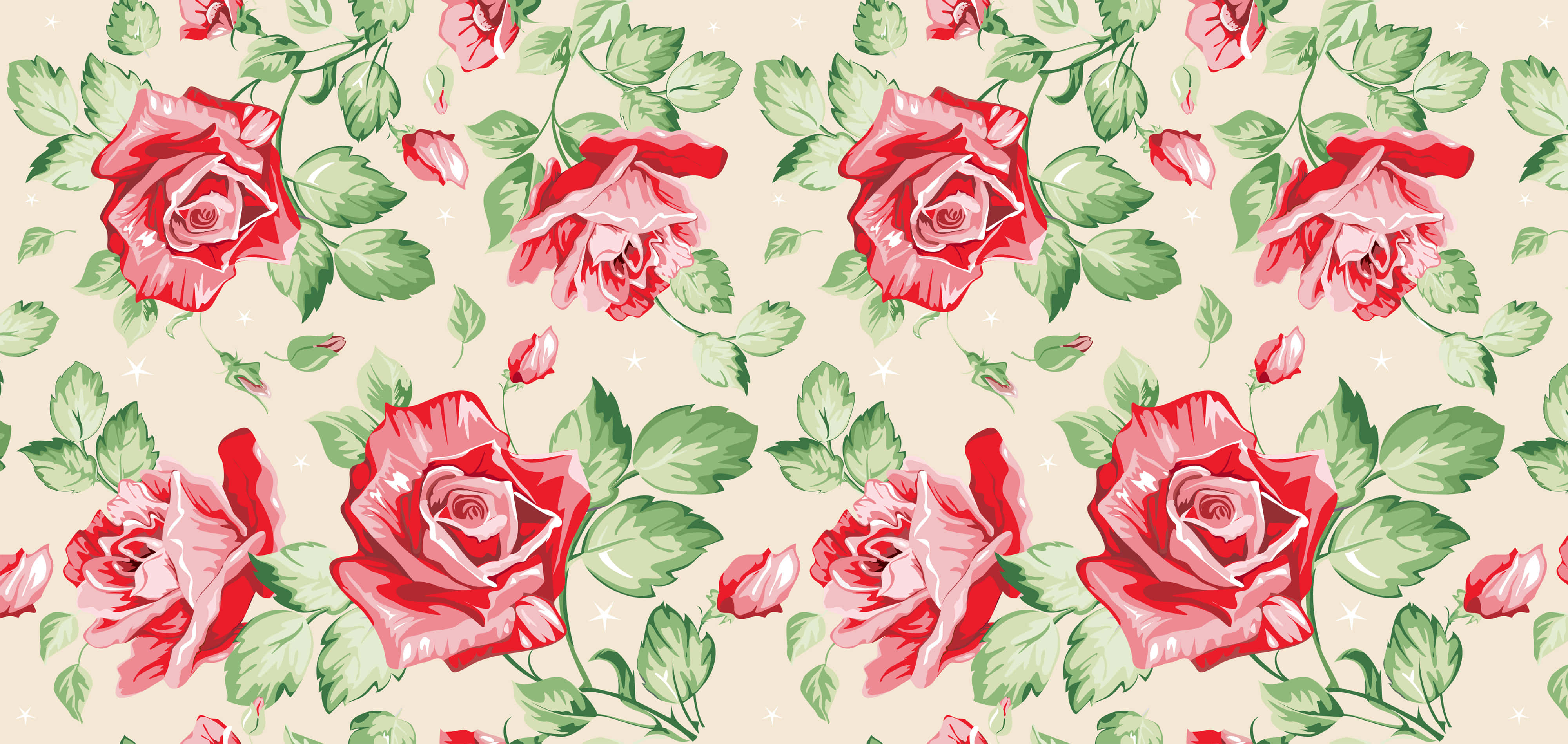 vibrant red roses, lush green leaves, soft cream background, 4K Desktop Wallpaper