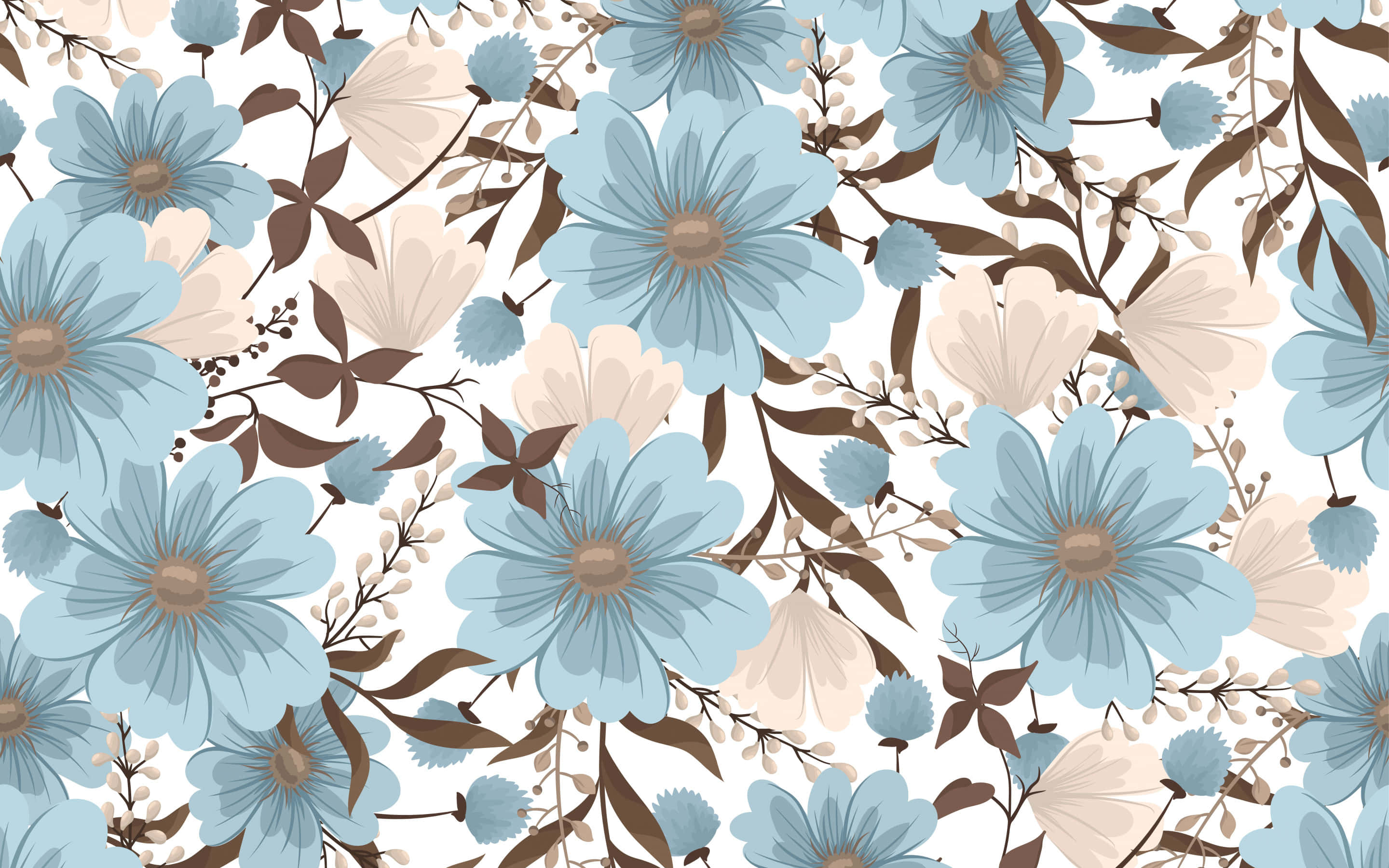 exquisite flower texture, stylized blue and beige flowers, brown stems, 2K Desktop Wallpaper