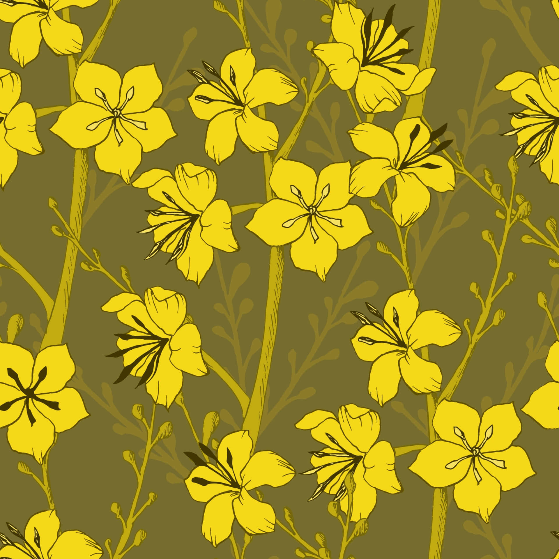 yellow floral pattern, olive background, vibrant yellow stylized flowers, Full HD Desktop Wallpaper