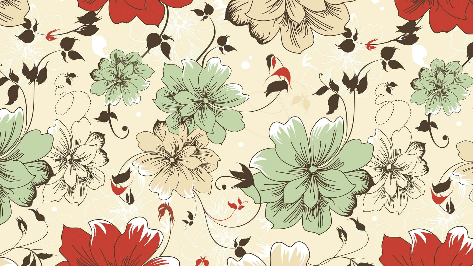 floral pattern, red, green, Full HD Desktop Wallpaper