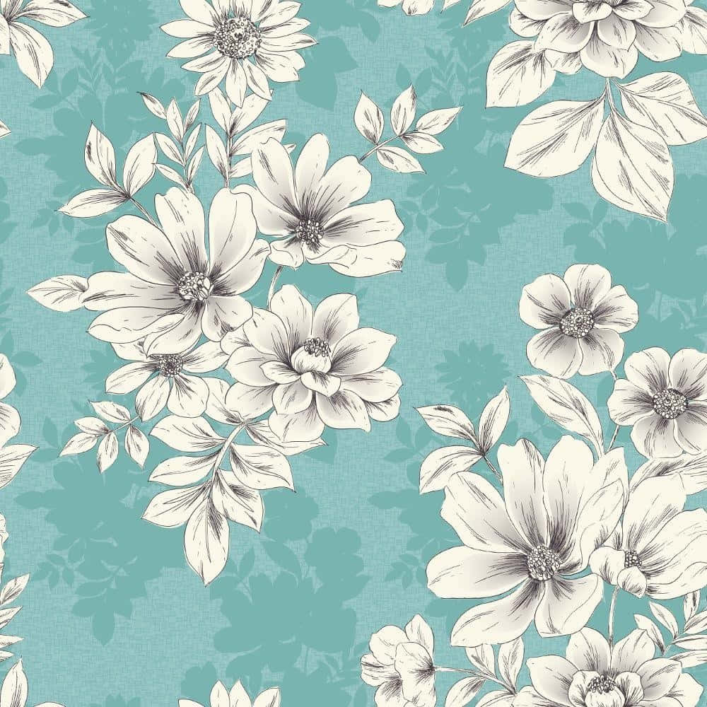 vintage floral pattern, teal background, cream floral sketches, SD Desktop Wallpaper