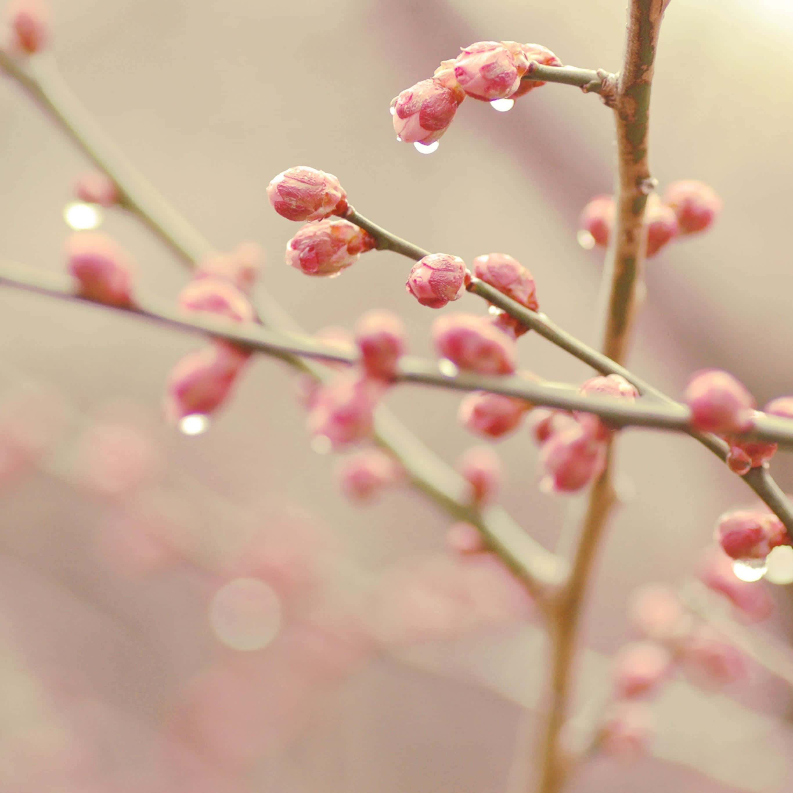spring iPad, pink cherry blossom buds, dewdrops, 2K Desktop Wallpaper