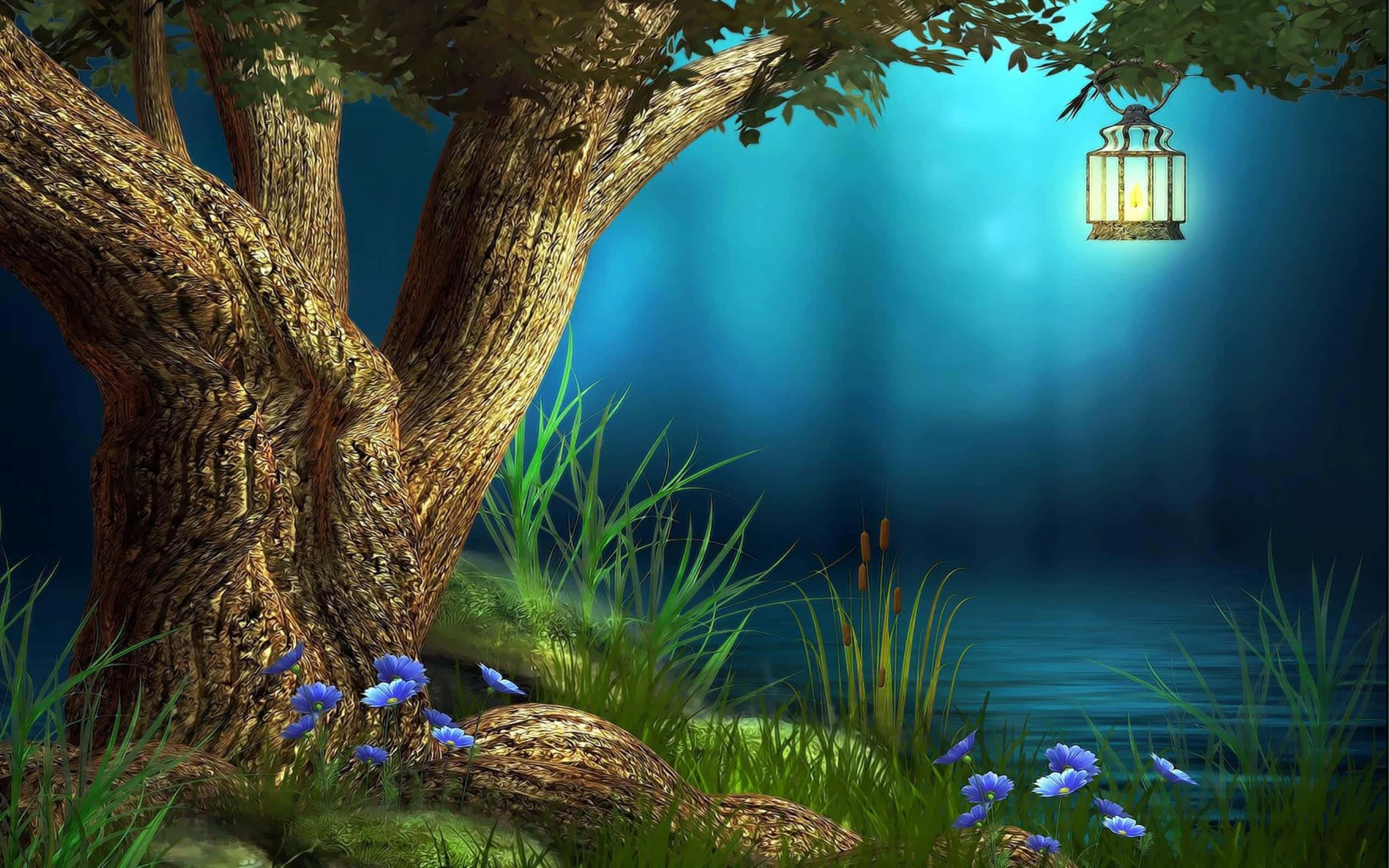 fairy forest, glowing lantern, massive tree, 2K Desktop Wallpaper