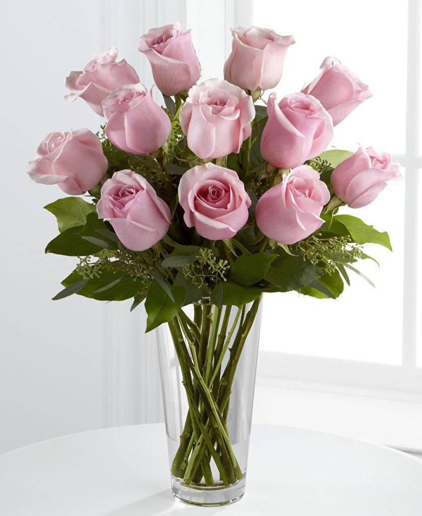 twelve pink roses, flower vase, crystal vase, SD Phone Wallpaper