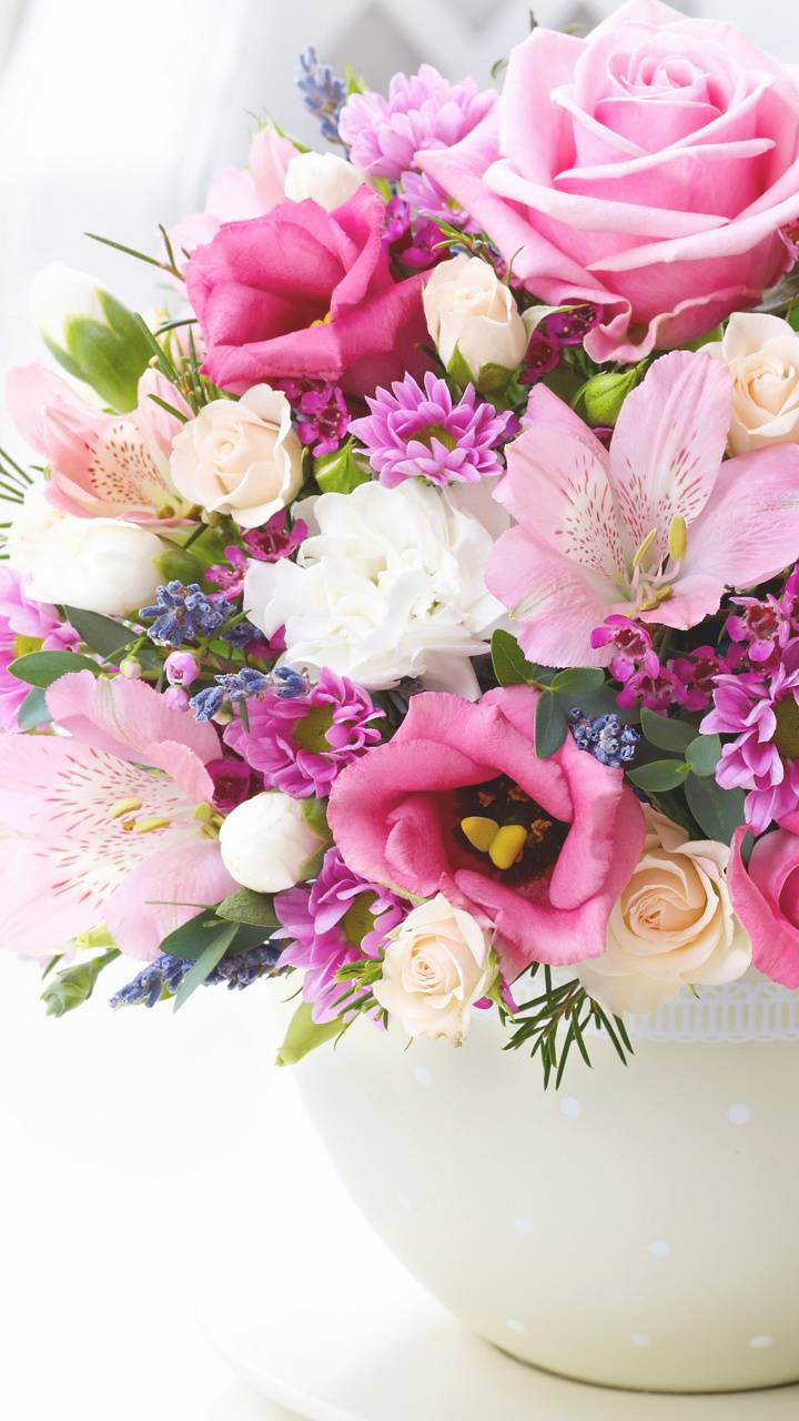 polka dotted flower vase, pink roses, alstroemeria, HD Phone Wallpaper