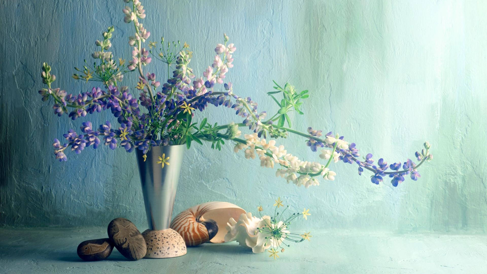 metallic flower vase, silver vase, purple and white lupine flowers, Full HD Desktop Wallpaper