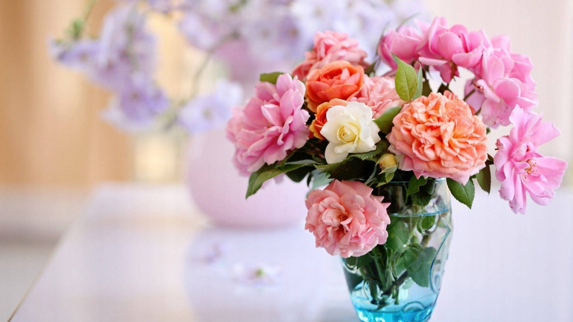 flower vase, garden roses, blue glass vase, Full HD Desktop Wallpaper