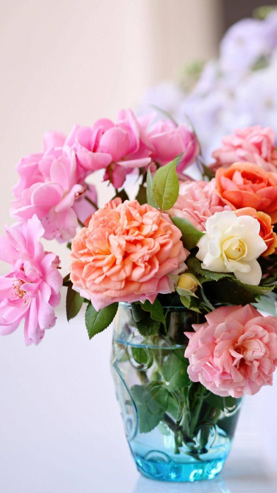 flower vase, colorful garden roses, blue glass vase, Full HD Phone Wallpaper