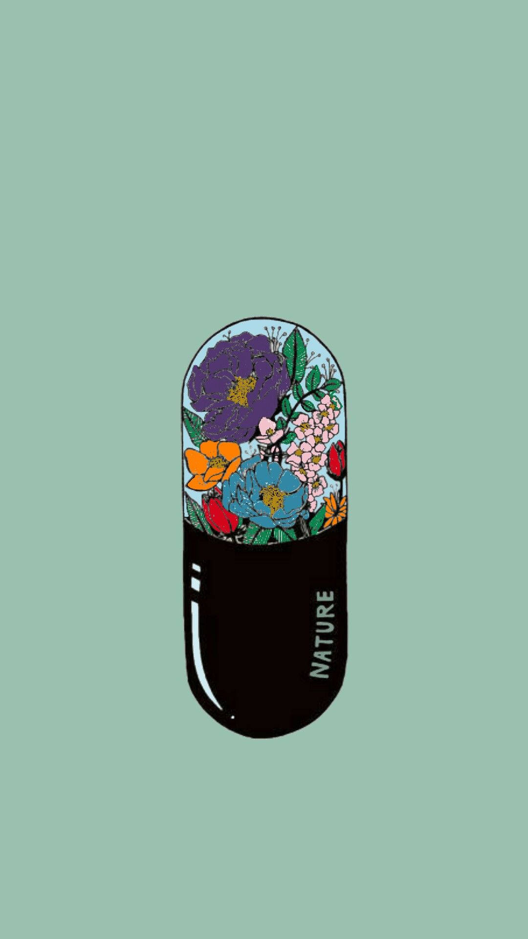 pill capsule, vibrant illustrated flowers, leaves, HD Phone Wallpaper