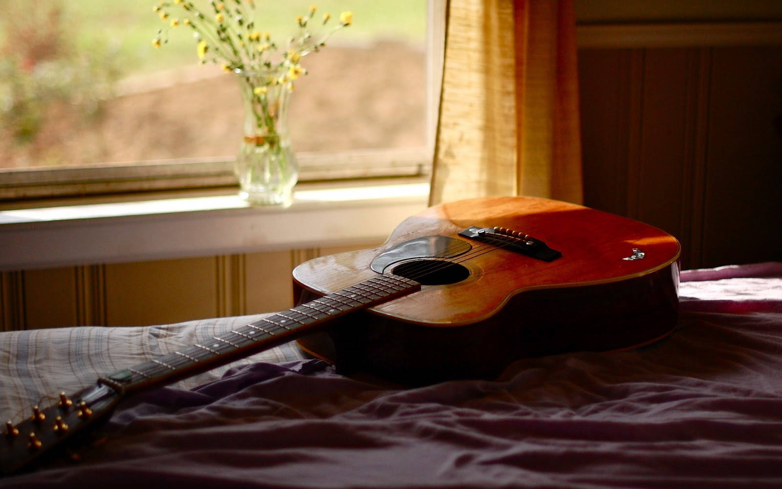 acoustic guitar, purple bedspread, yellow curtains, HD Desktop Wallpaper